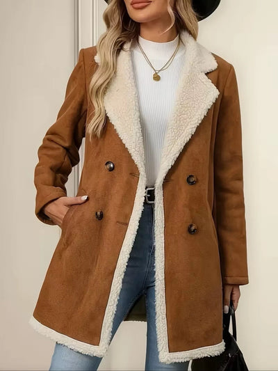 Double-breasted faux suede coat with sherpa trim
