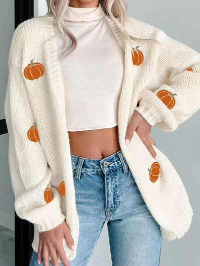 Pumpkin embroidered open-front chunky knit cardigan