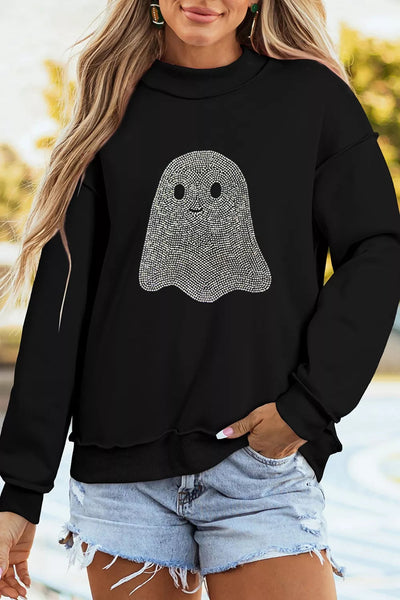 Rhinestone ghost mock neck exposed seam sweatshirt