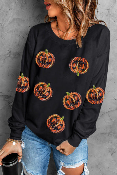 Sequin pumpkin patch drop shoulder crew neck sweatshirt