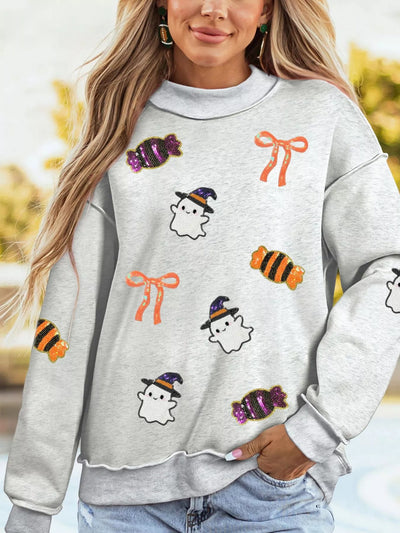 Sequin ghost and candy Halloween graphic sweatshirt
