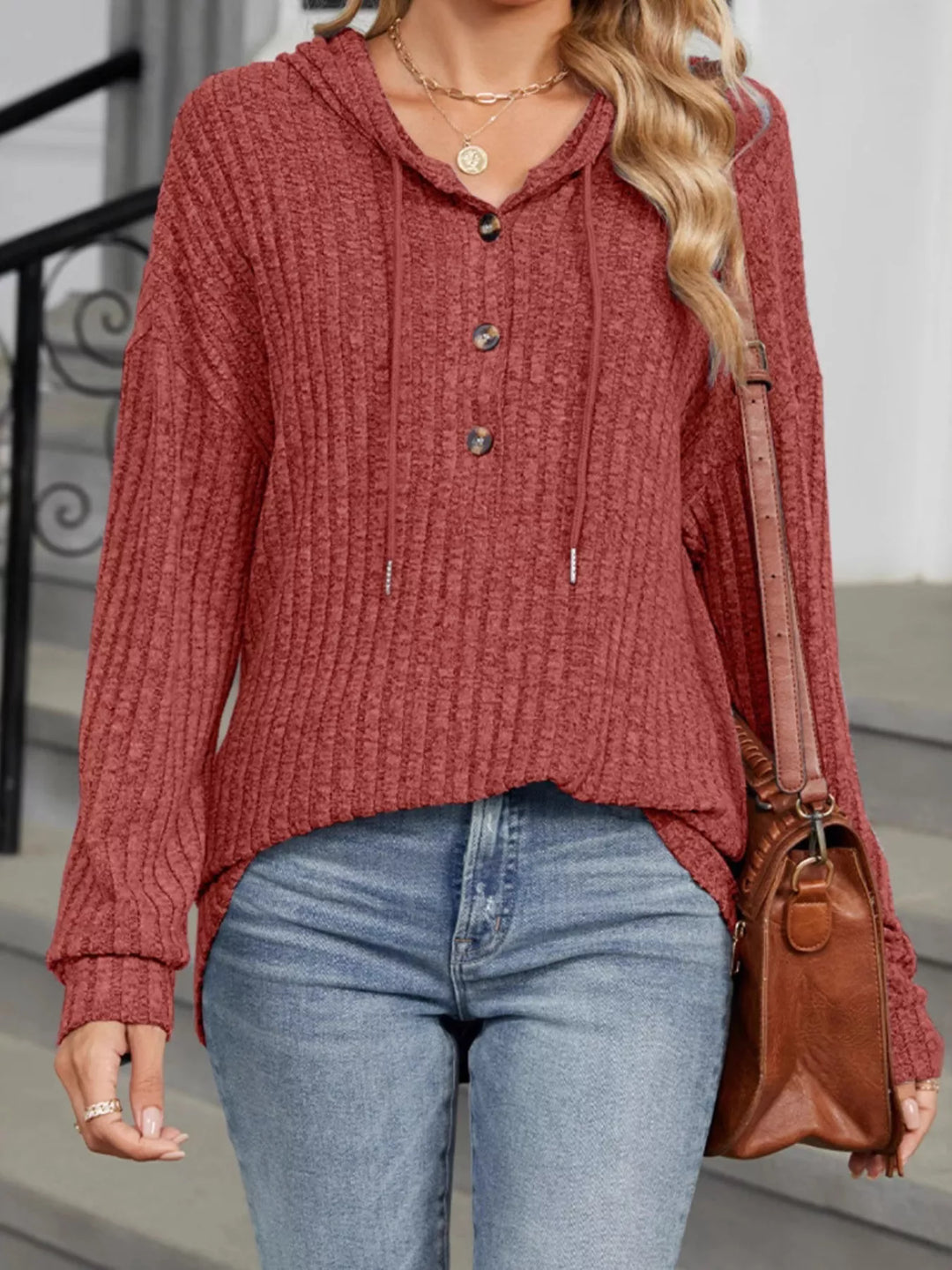 Rust Ribbed knit henley hoodie with drawstring hood