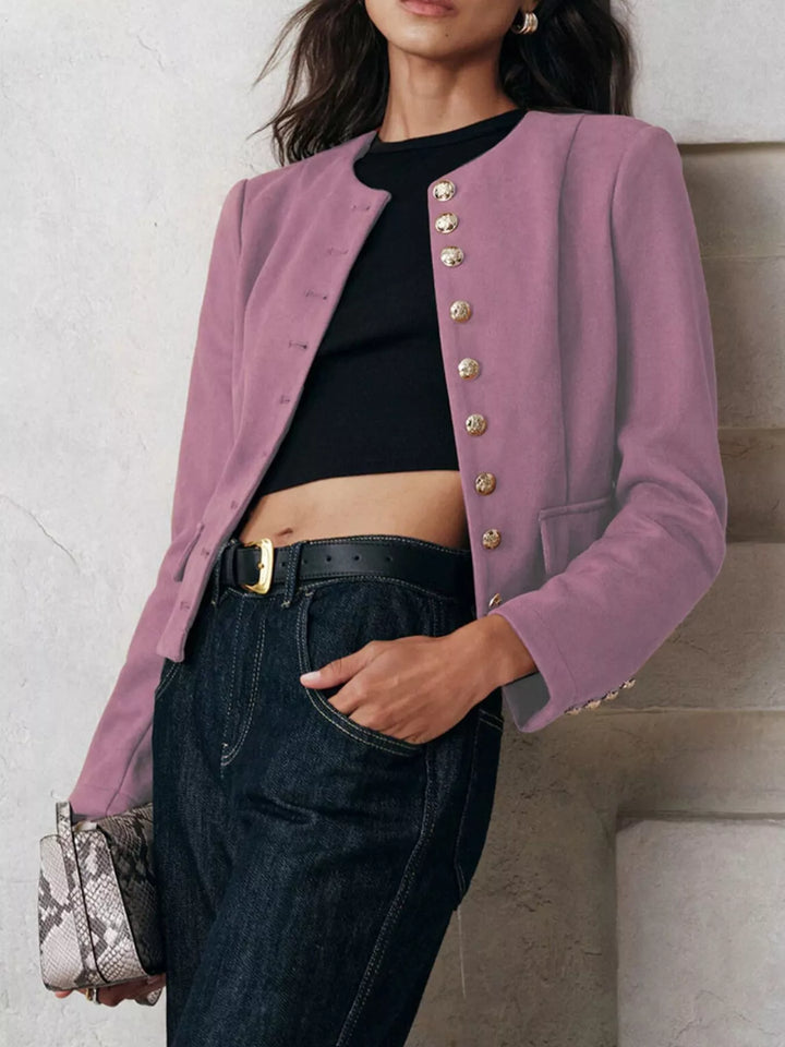 Round neck collarless blazer with gold buttons
