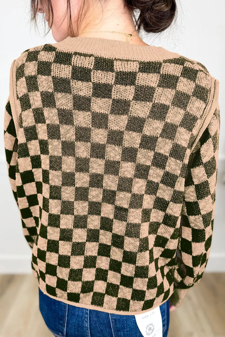 Checkerboard knit drop shoulder crew neck sweater