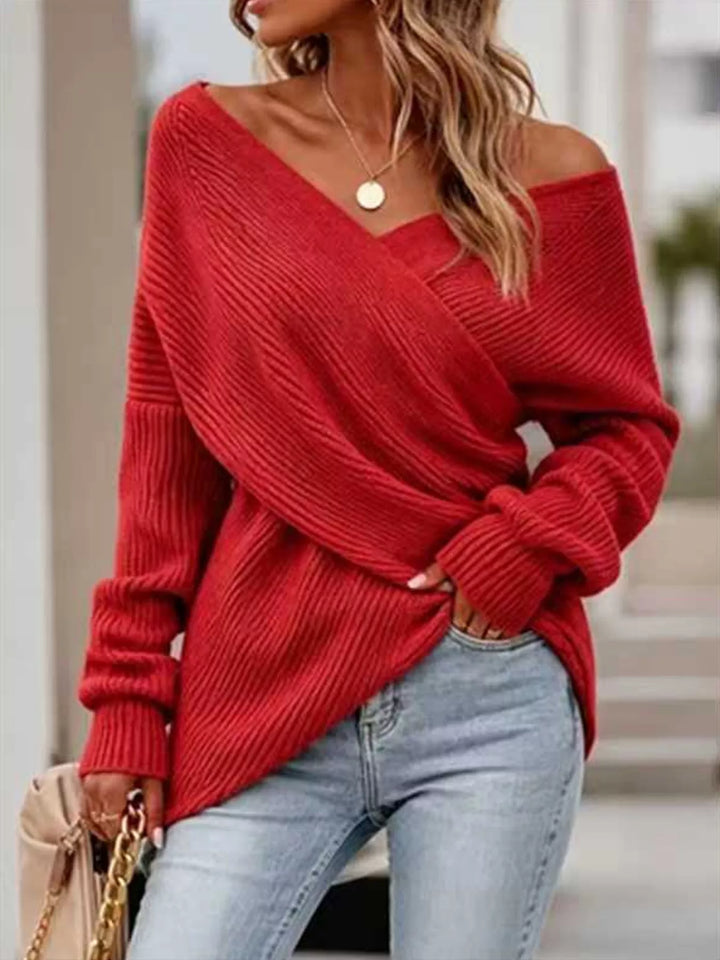 Red Crisscross wrap front ribbed knit sweater with dolman sleeves