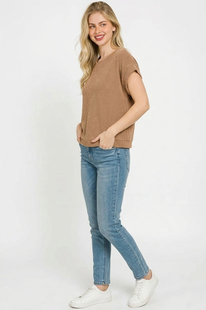 Raised rib knit cap sleeve top with crew neck