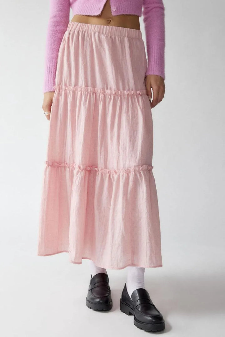 Blush Pink Tiered frill maxi skirt with elastic waist