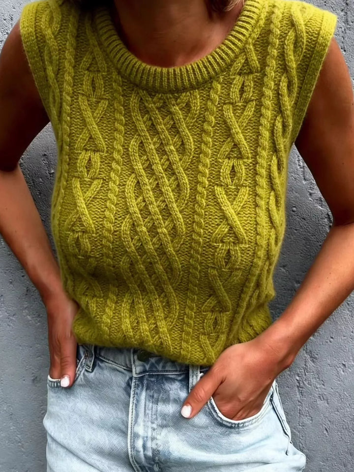 Matcha Green Cable knit sweater vest with ribbed crew neck