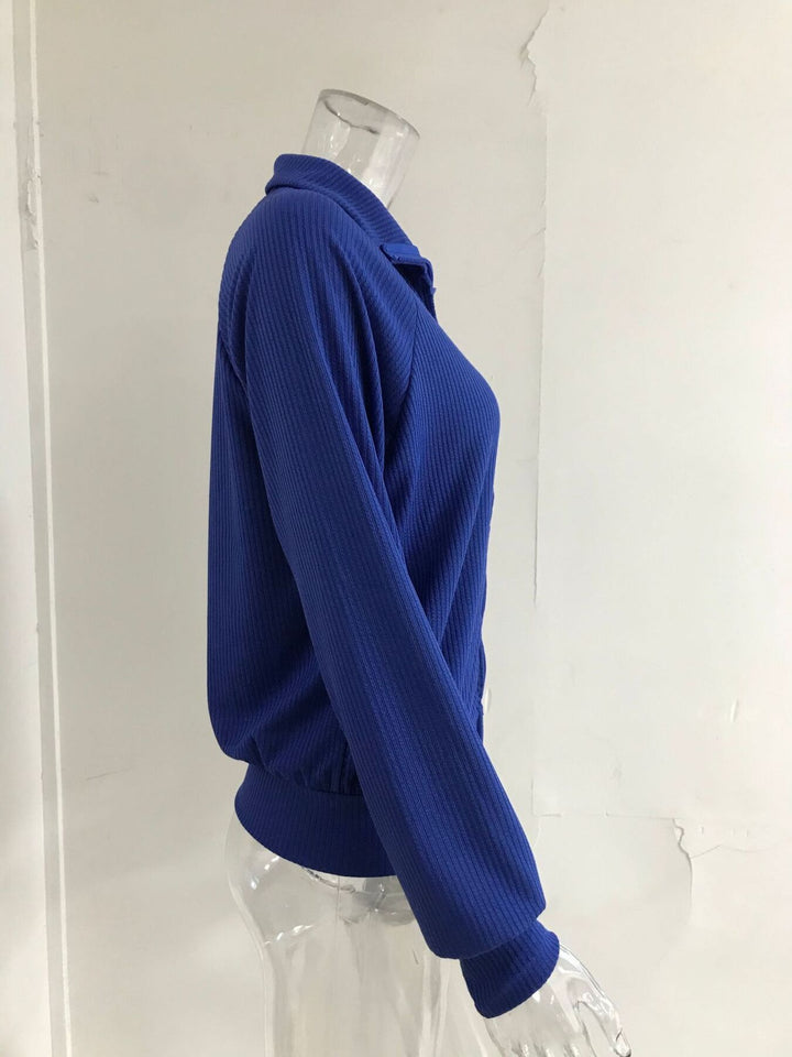 Ribbed knit zip-up cardigan with collar and pockets