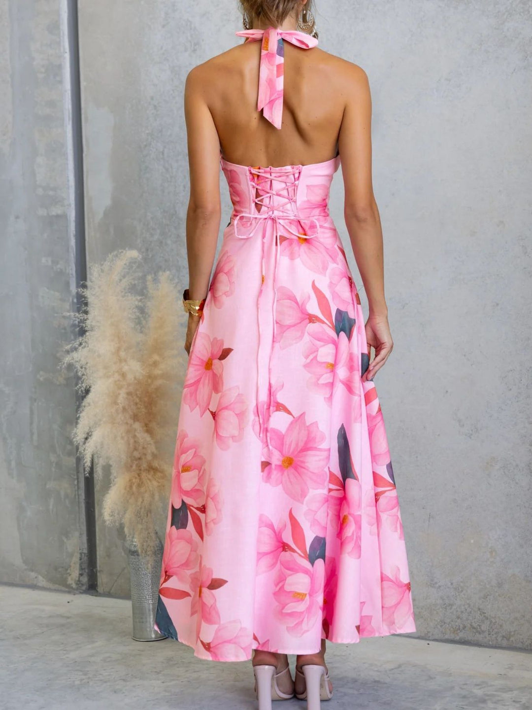 Floral print halter maxi dress with lace-up back