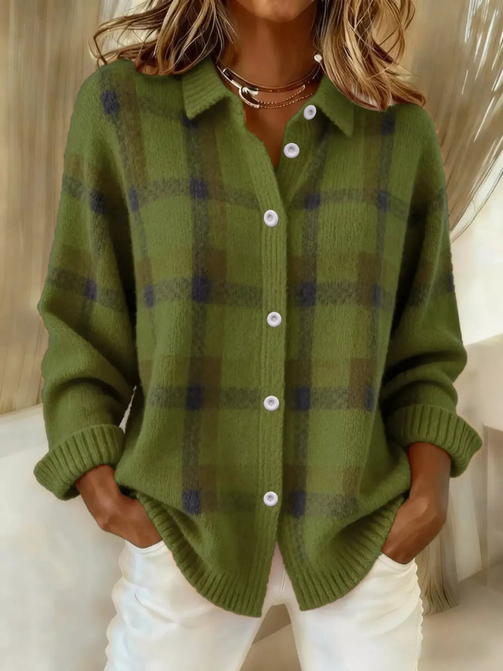 Army Green Plaid knit button-down shirt cardigan with collar