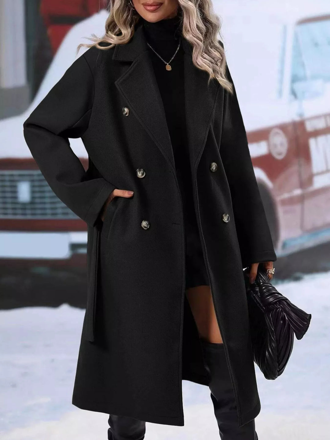 Double-breasted tie-waist long coat with notch lapels