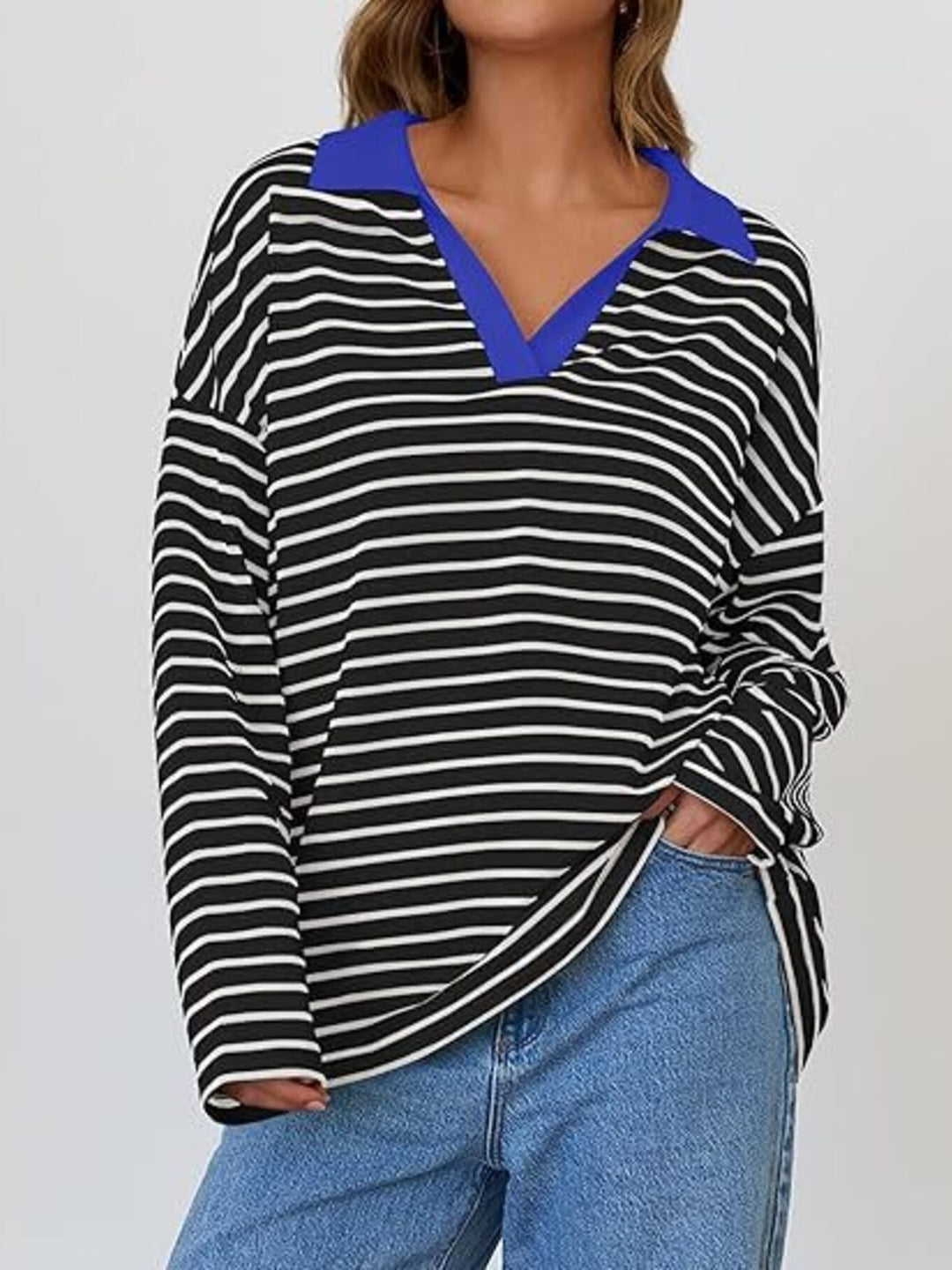 Striped oversized long sleeve top with contrast collar