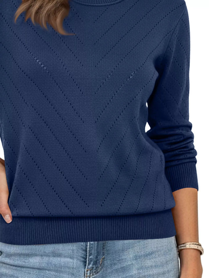 Openwork chevron knit crew neck pullover sweater