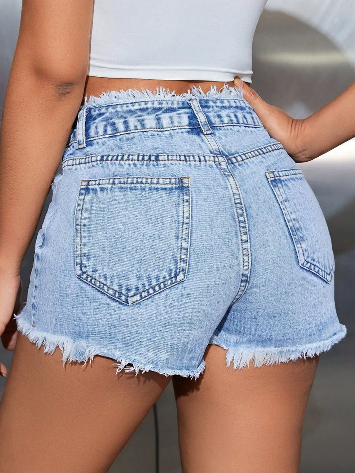Frayed raw hem high-rise washed denim shorts