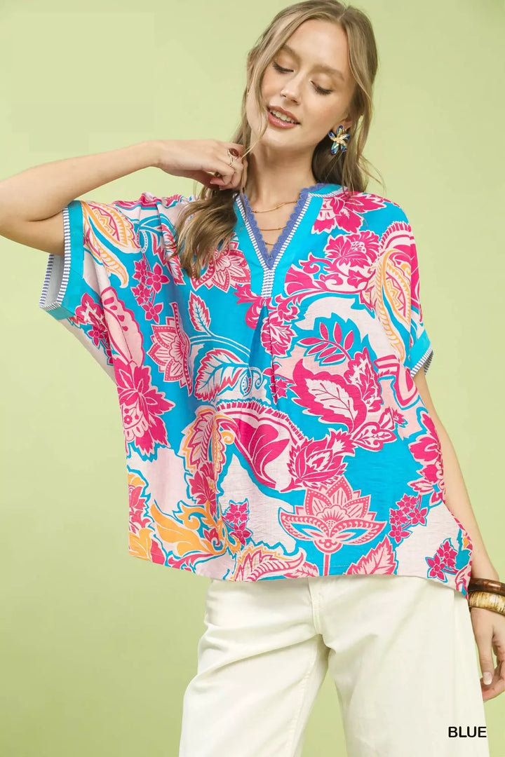 BLUE Abstract floral print oversized split-neck top