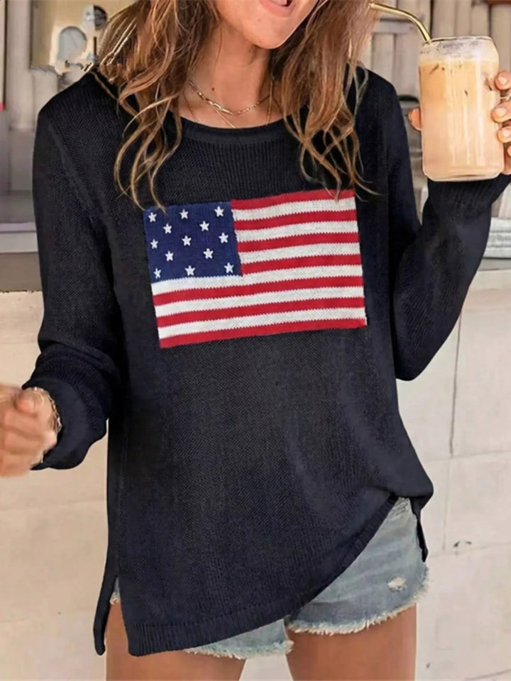 Black American flag knit long sleeve pullover sweater