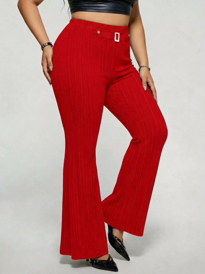 Plus size high-rise ribbed flare pants with buckle detail