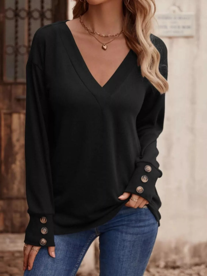 V-neck long sleeve top with button cuffs