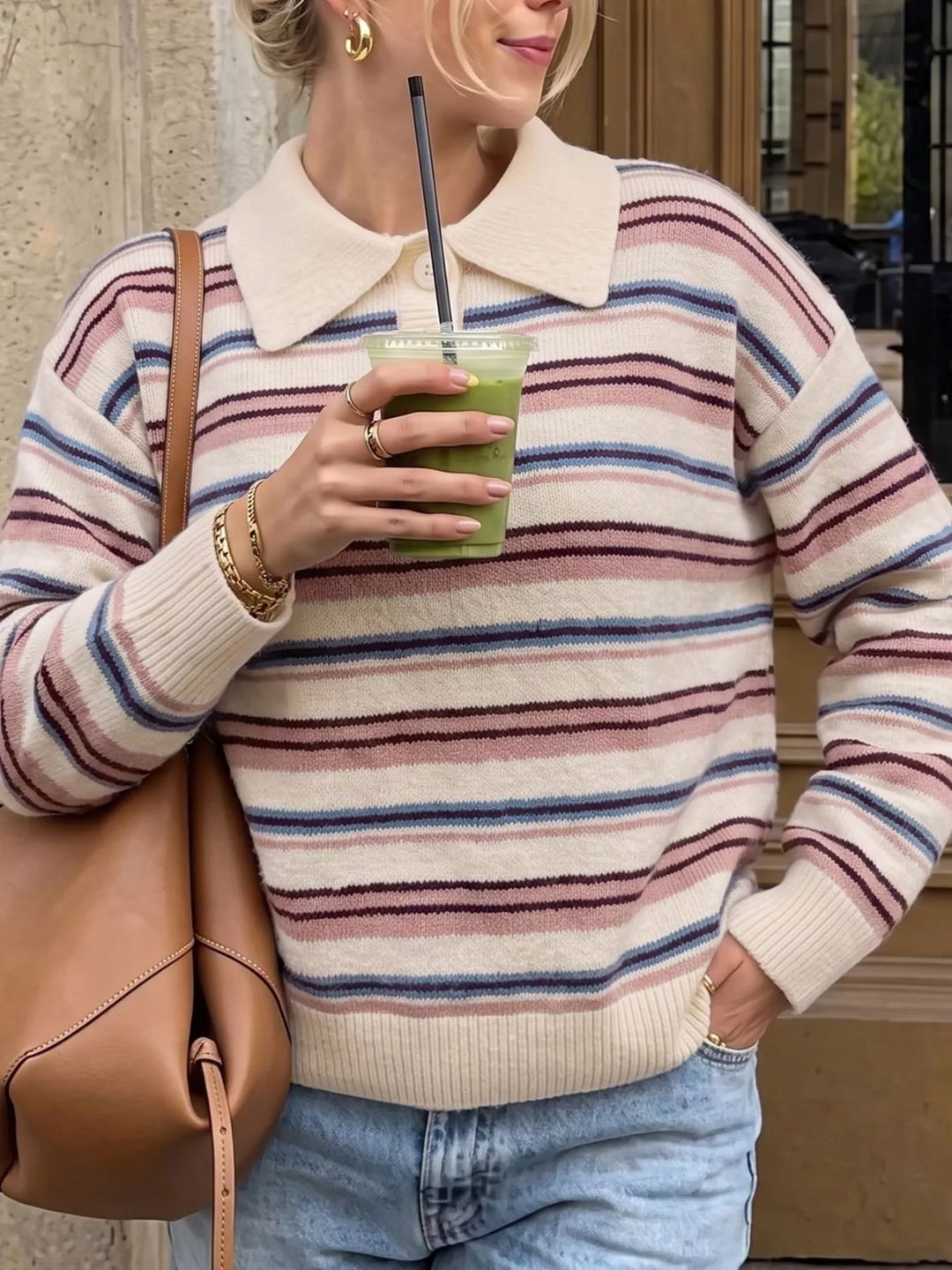 Pink Striped knit polo collar sweater with ribbed trim