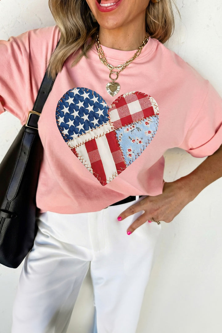 Pale Blush Patriotic patchwork heart graphic crew neck tee