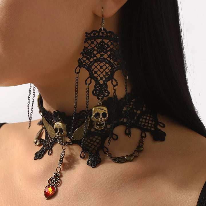 Lace skull choker necklace and drop earrings jewelry set