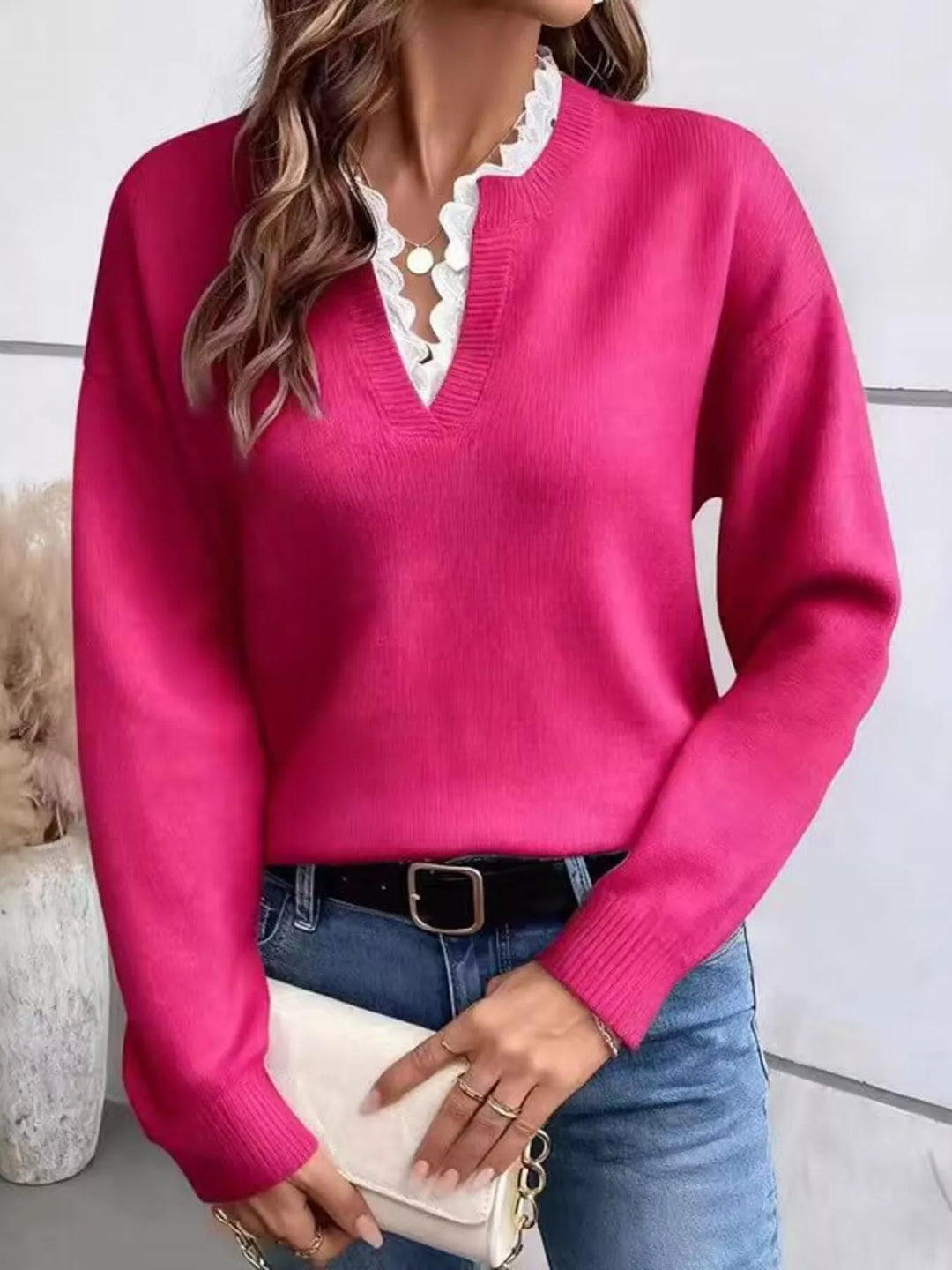 Rose Red Lace trim notch neck drop shoulder sweater