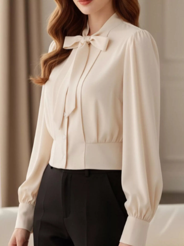 Apricot Puff sleeve bow-tie neck button-front blouse