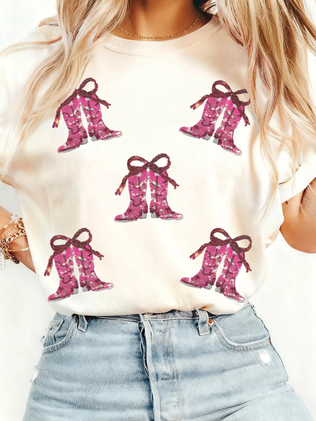 White Sequined cowgirl boot patch crew neck t-shirt