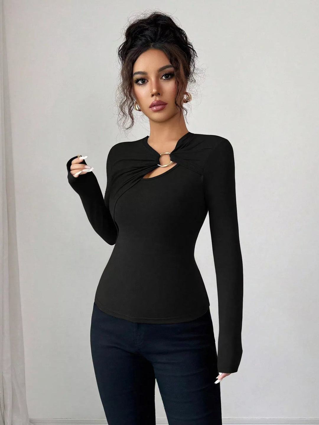 Twist front ring detail long sleeve top with cutout