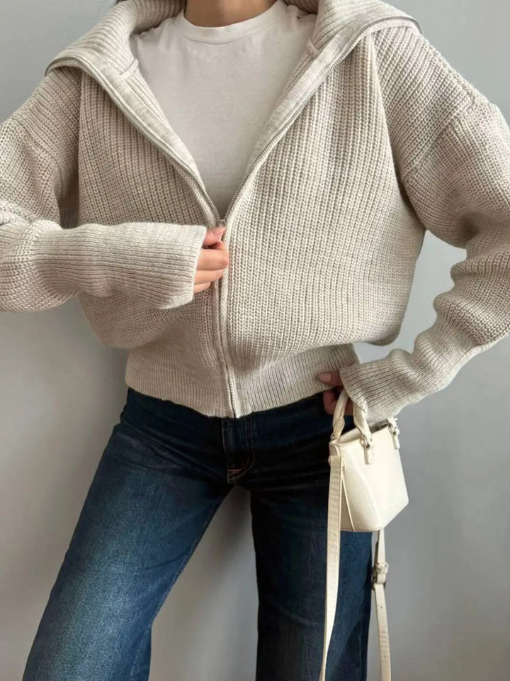 Chunky two-way zip sweater jacket with foldover collar