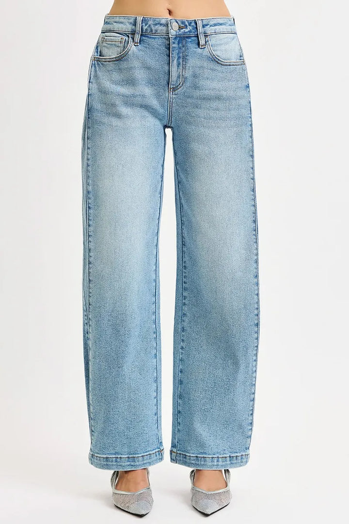 Mid-rise wide barrel jeans with adjustable snap hem