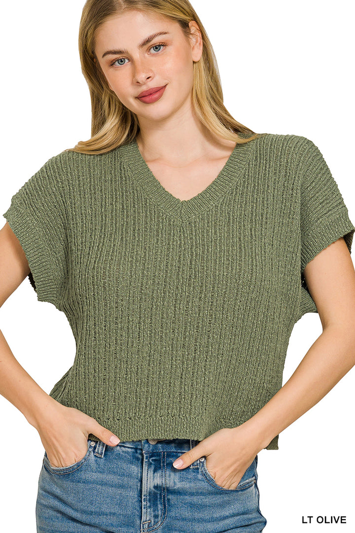 LT OLIVE Textured knit V-neck crop sweater with short sleeves