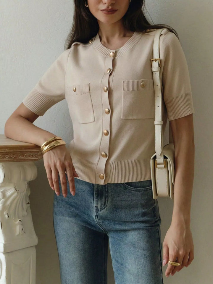Short sleeve knit button-down cardigan with gold buttons