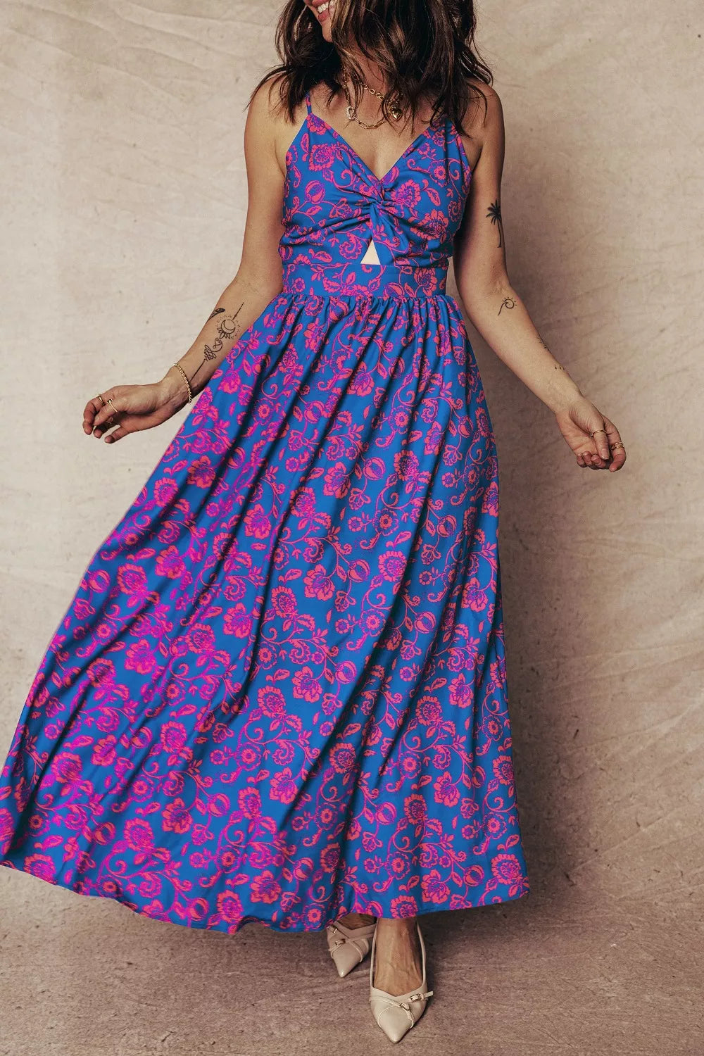 Floral print twisted V-neck cutout backless maxi dress