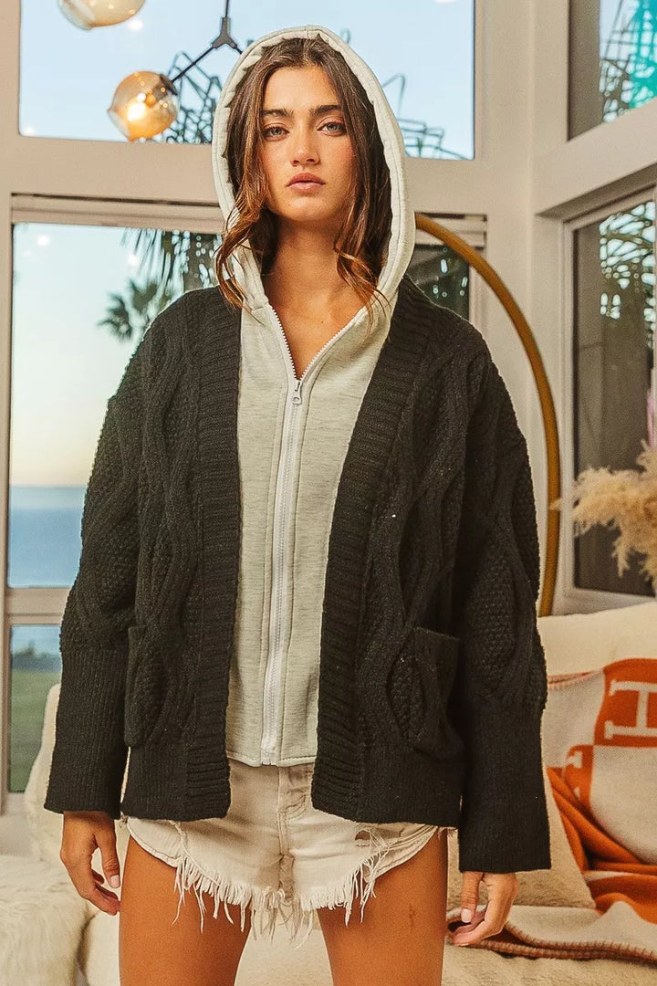 Cable-knit zip-up hoodie sweater jacket with contrast hood