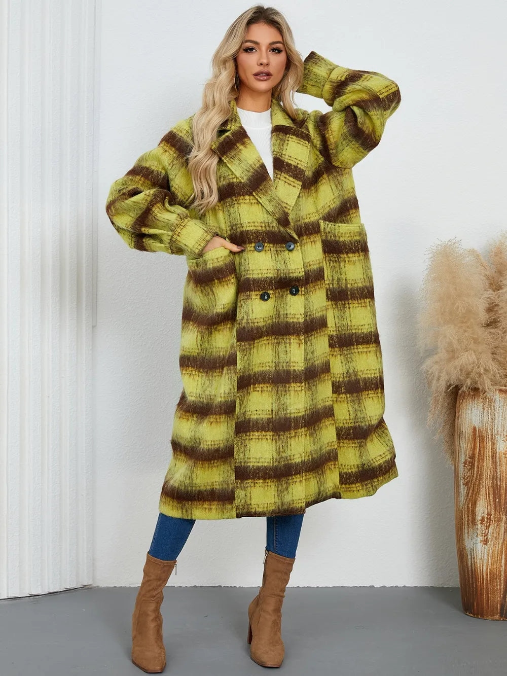 Plaid double-breasted longline coat with notch lapel