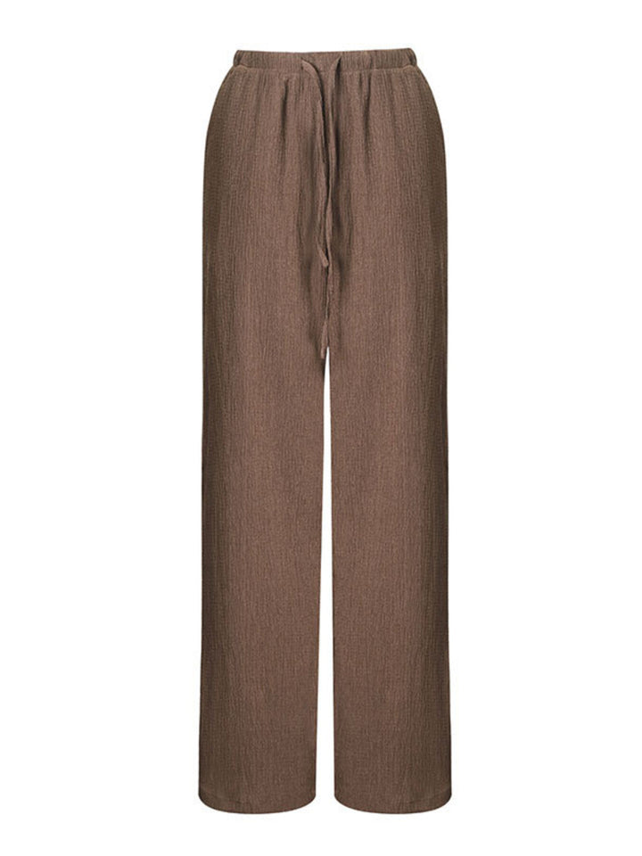 Crinkle textured wide leg pants with drawstring waist