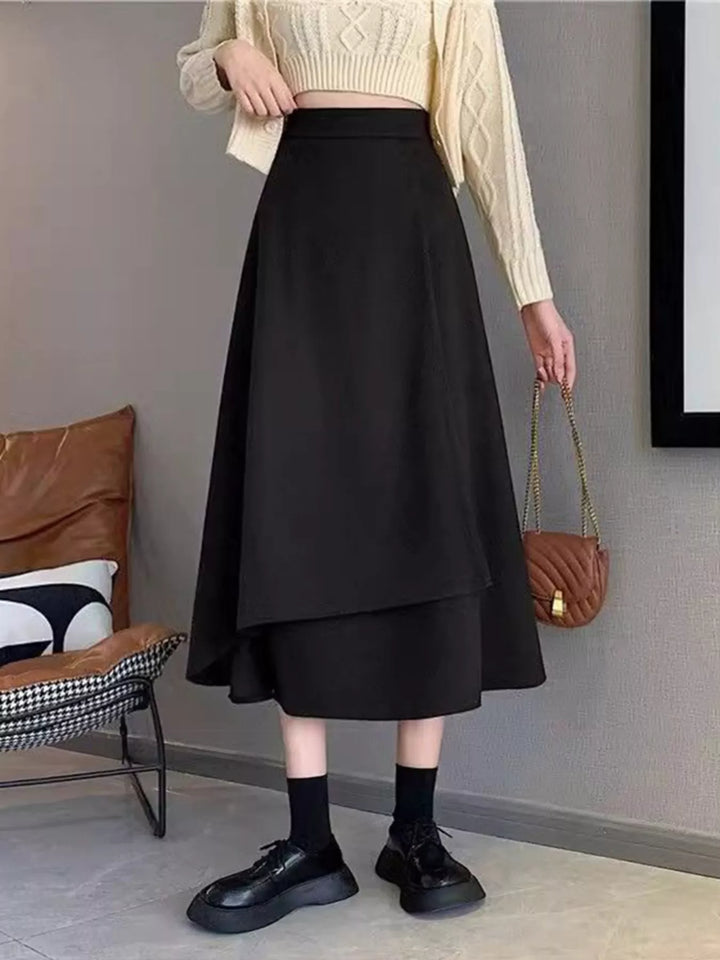 Asymmetrical layered hem high-waist A-line midi skirt