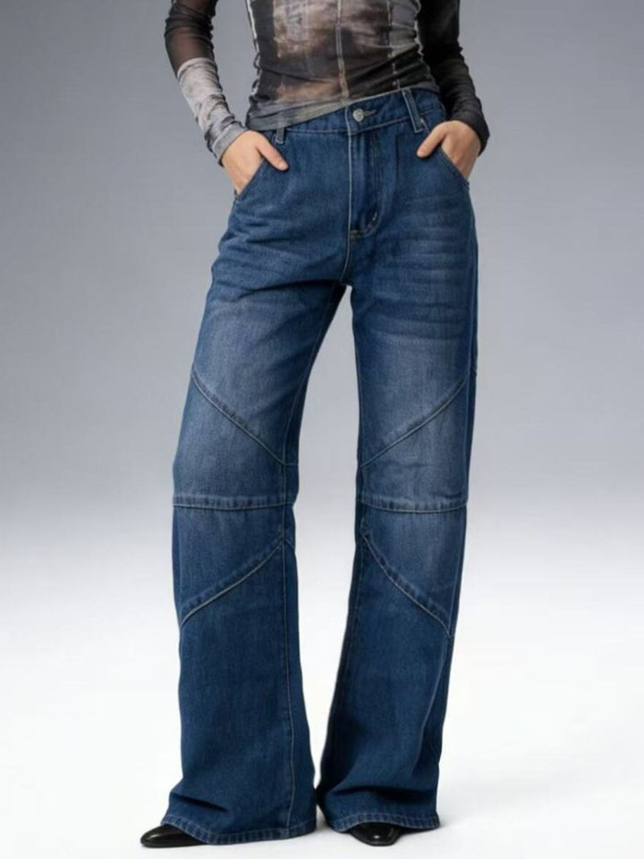 Blue Vintage wash high-rise wide leg jeans with paneled seams