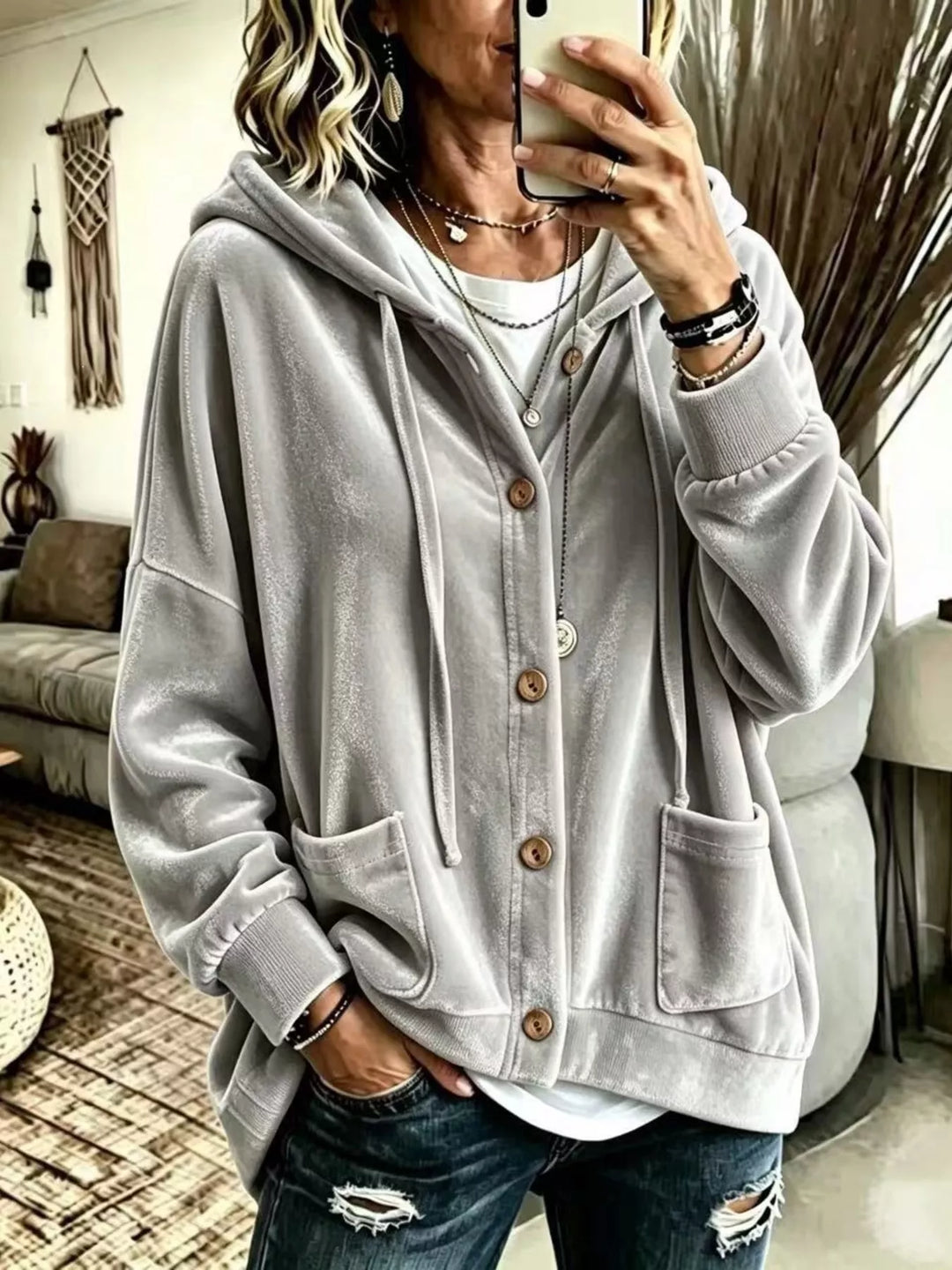 Gray Oversized hooded button-up jacket with patch pockets