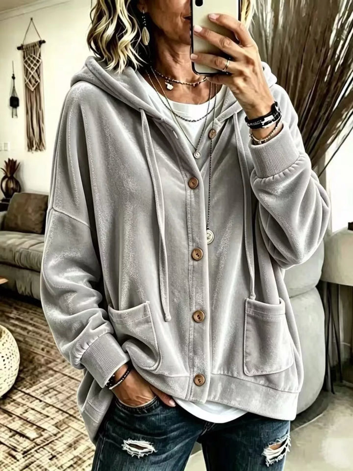 Gray Oversized hooded button-up jacket with patch pockets
