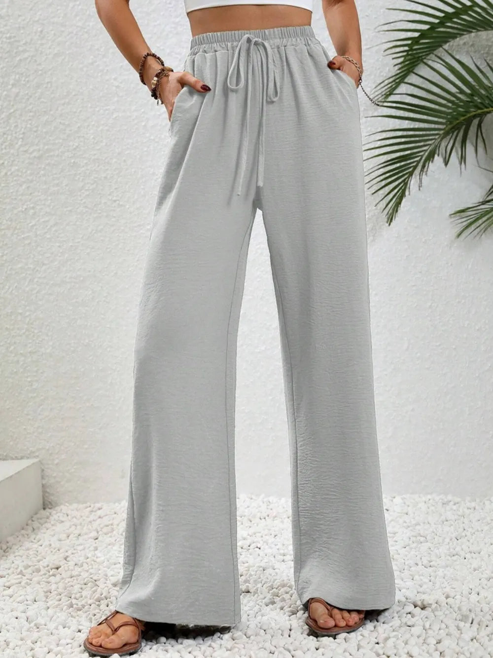 Light Gray High-rise wide leg drawstring pants with pockets