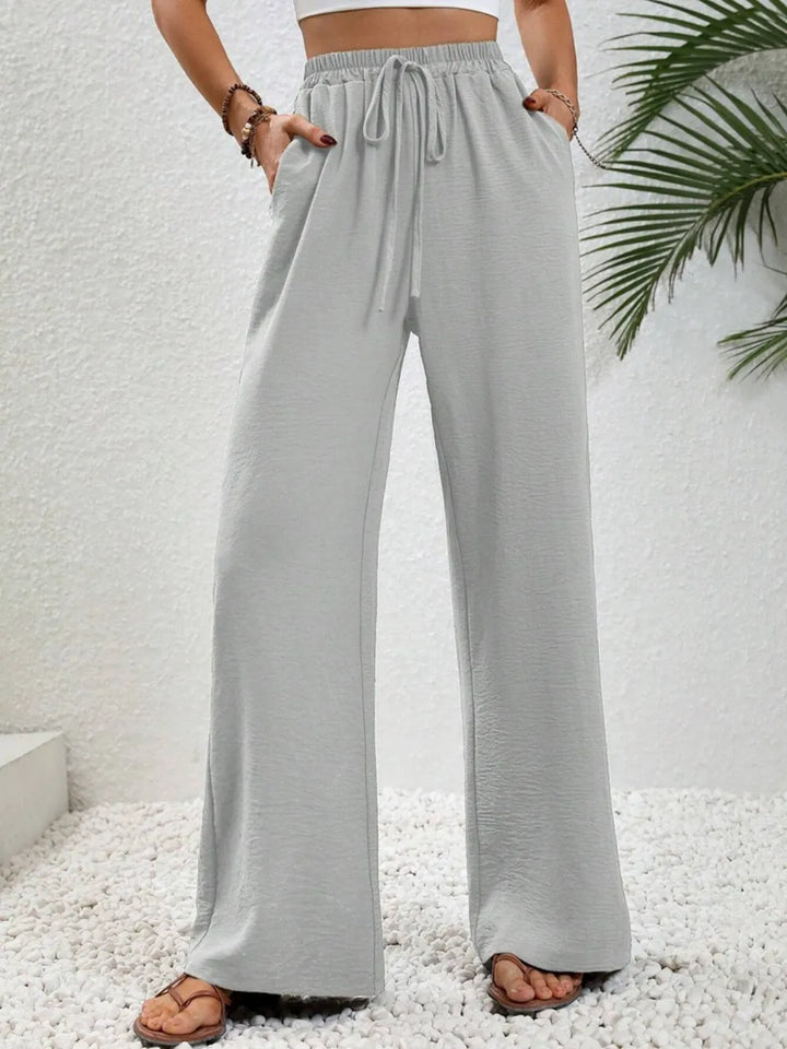 Light Gray High-rise wide leg drawstring pants with pockets