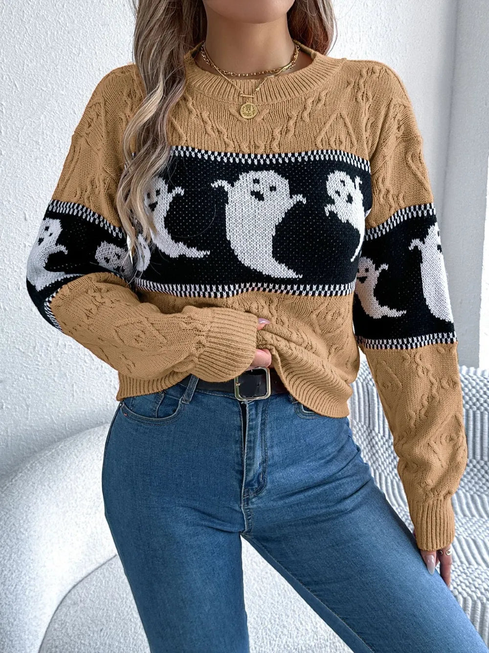 Ghost knit crew neck sweater with cable textured sleeves