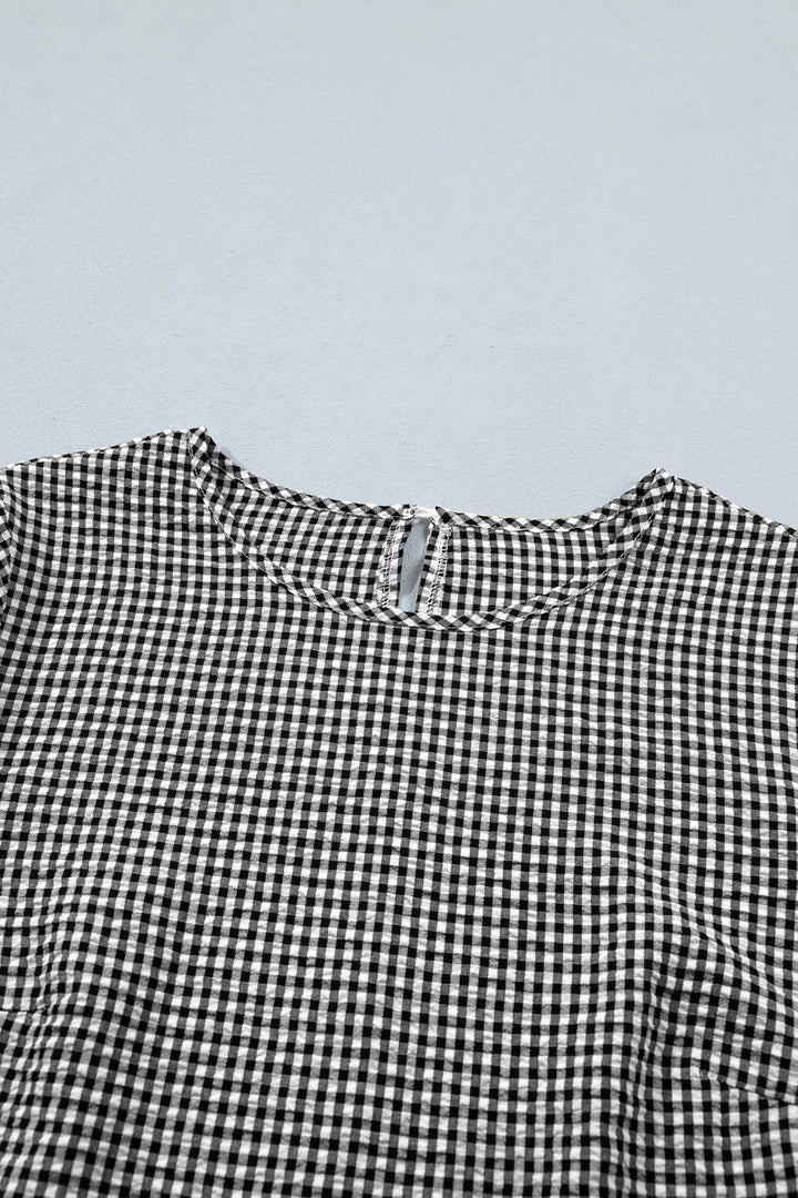 Gingham ruffle half-sleeve crew neck blouse