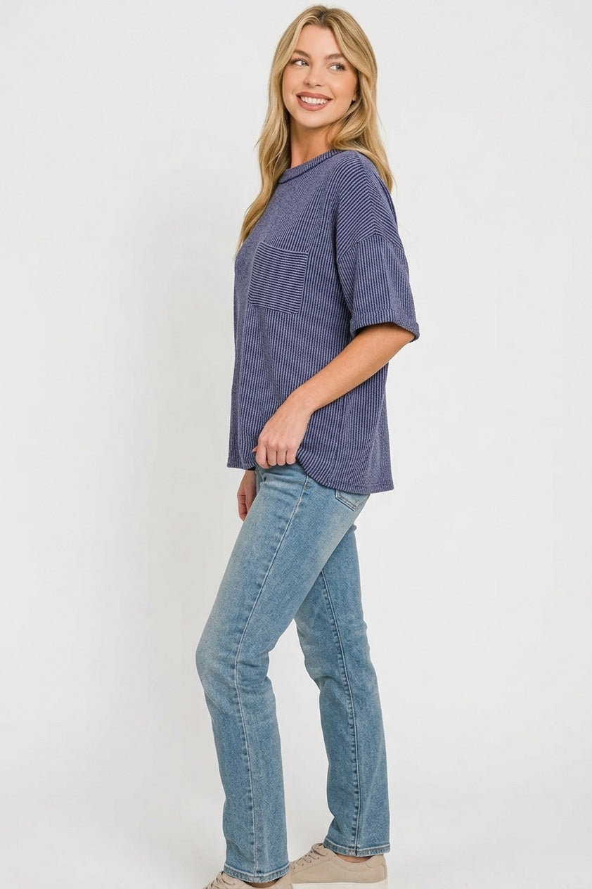 Ribbed knit short sleeve top with chest pocket