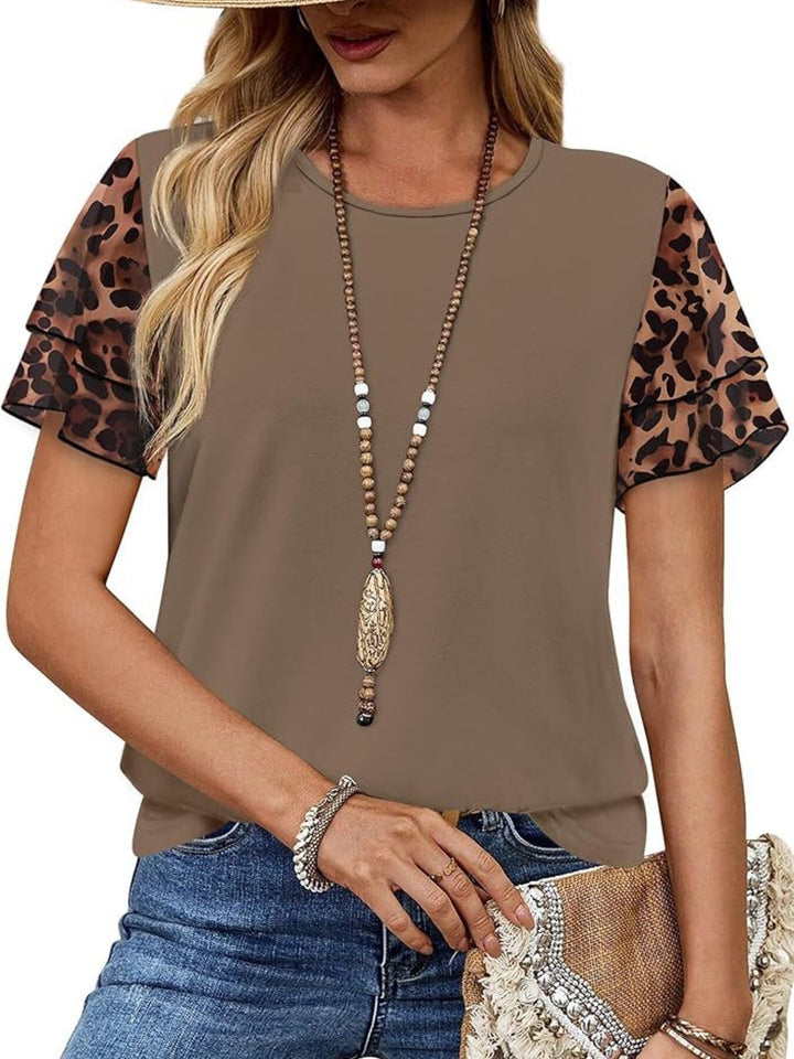 Layered leopard ruffle sleeve round neck top