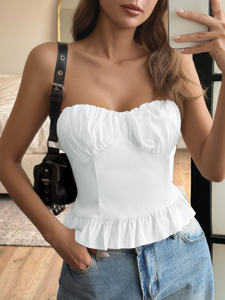 White Ruched sweetheart tube top with ruffle peplum hem