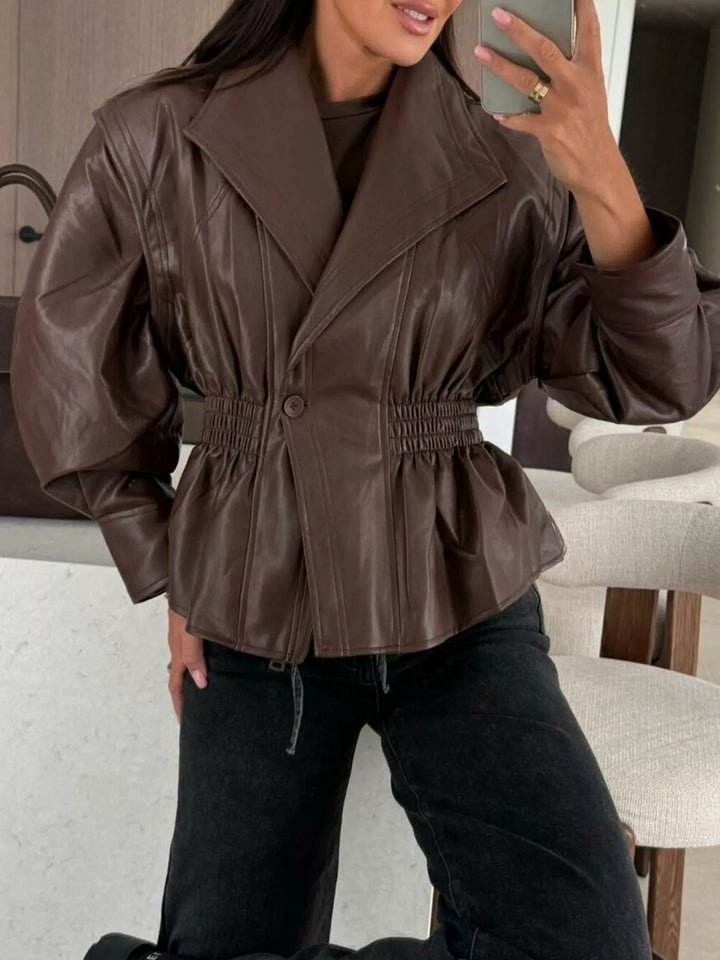 Faux leather peplum jacket with ruched waist